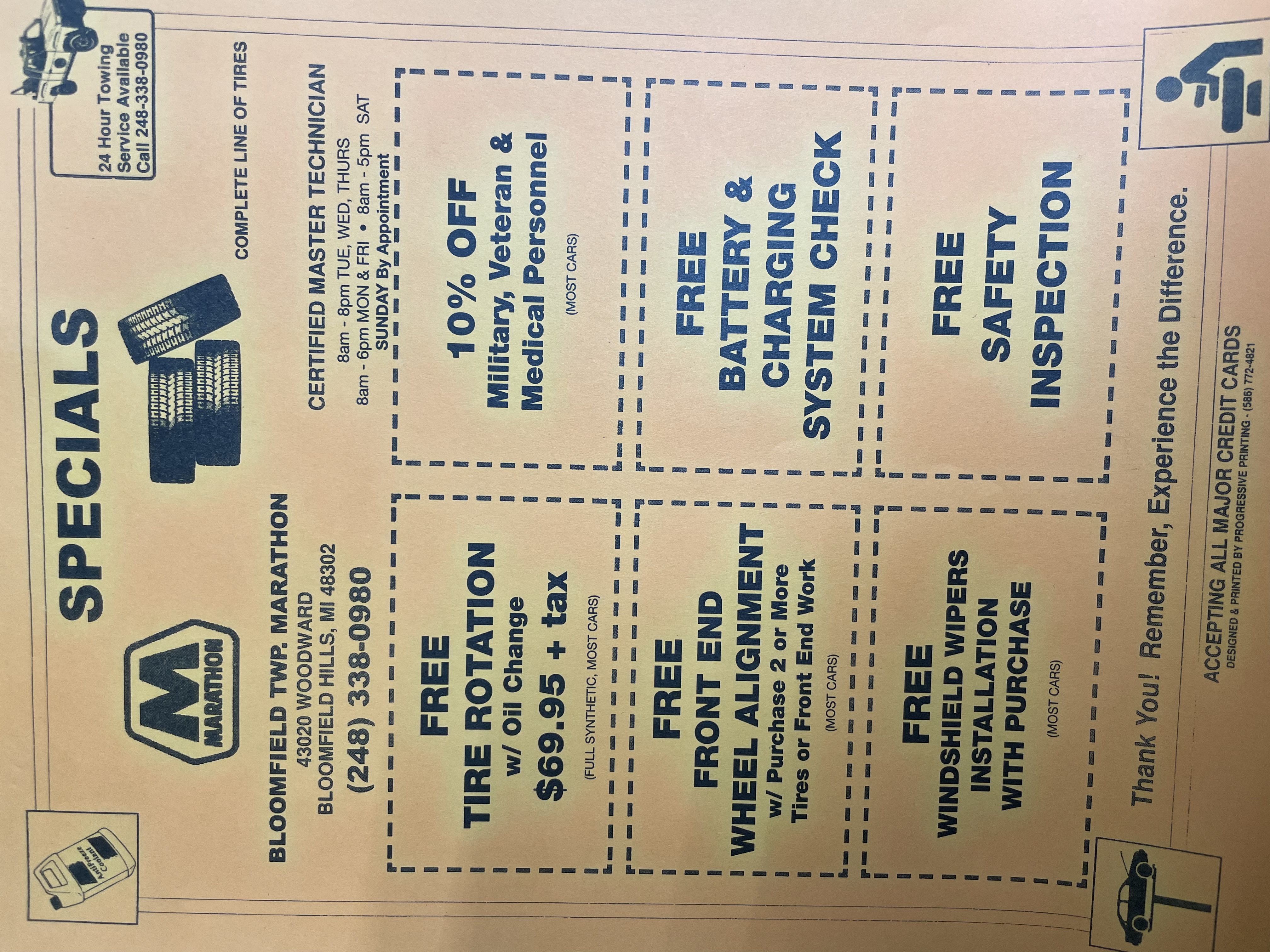 Bloomfield Marathon Auto Care specials: free tire rotation with oil change, 10% off for military, veterans & medical personnel, free battery & charging check, free front-end alignment, free wiper installation, and free safety inspection.
